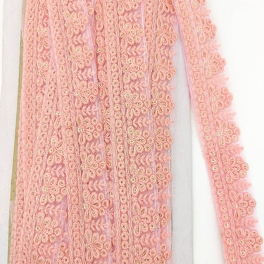 Pink Net Lace Trim With Floral Embroidery And Gold Sequins, Sequinned Trim, Wedding Trim Bridal Trim